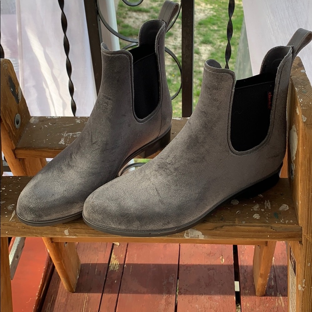Grey velour rain boots